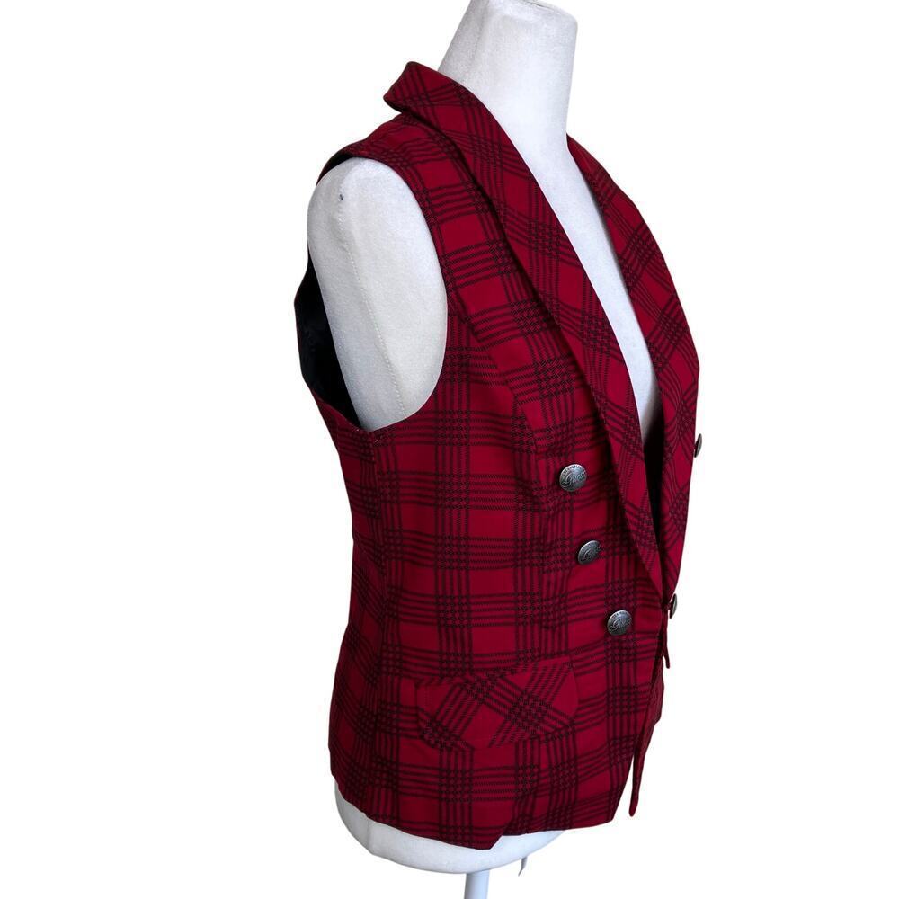 Guess Sz M Red & Black Plaid Double-Breasted Military Style Vest Punk Rock Y2K - Picture 7 of 16